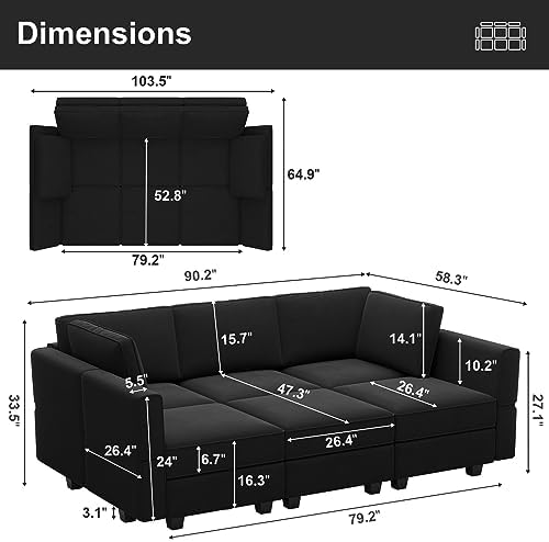 Belffin Modular Velvet Sectional Sofa with Chaise Lounge Sectional Sleeper Sofa with Storage Chaise Sofas Bed Couch for Living Room Black - Image 2