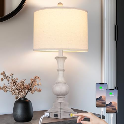 26" Farmhouse Lamp with 2 USB Ports & AC Outlet, Vintage Rustic Touch Control Bedside Lamp, Resin 3-Way Dimmable Nightstand Lamp Fabric Shade for Living Room Bedroom Decor Gray(LED Bulb Included) by Lolikit