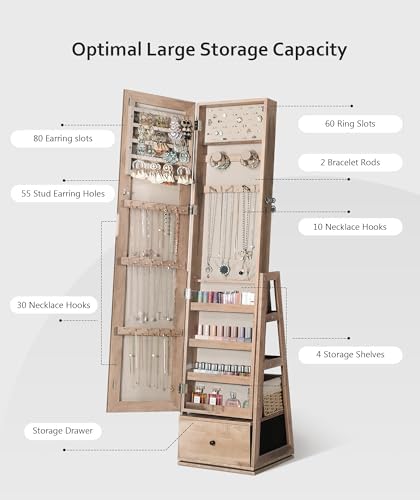 Nicetree 360° Swivel Jewelry Cabinet, Full Length Mirror, Lockable, Oak - Image 5