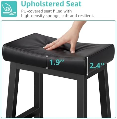 WINAZ Modern Backless Bar Stools Set of 2, 24 Inch Counter Height Stools with Footrest, Matte Finish Metal Legs, Padded Faux Leather Kitchen Island Chairs, Space Saving Stationary Design, Black - Image 2