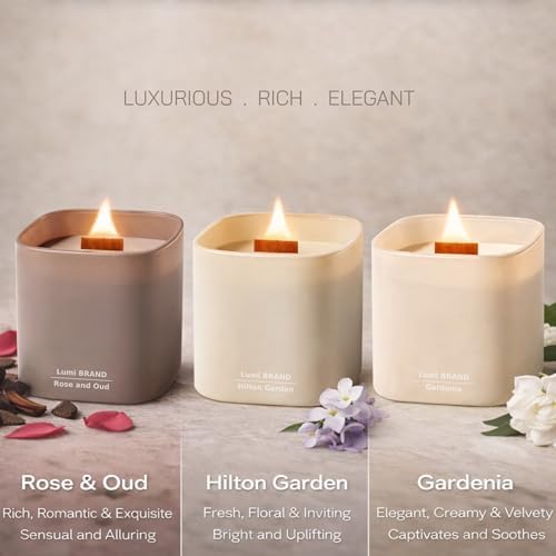 Set of 3 Premium Scented Soy Candles Gift Set | Nature's Bloom Collection - Gardenia, Hilton Garden and Rose & Oud | Crackling Wood Wick | Luxury Candles for Relaxation, Home Décor, Gifts | 9.8oz Each - Image 2
