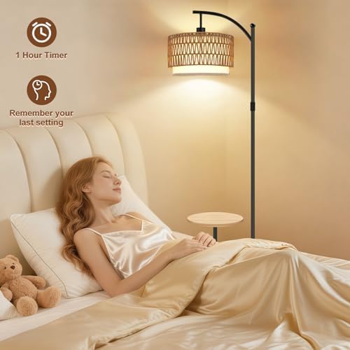 Vinaco Rattan Boho Floor Lamp with Table, Dimmable Remote & Foot Switch - Image 6