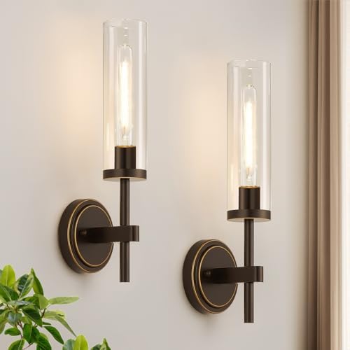 MOKATNG Wall Sconces Set of Two, Oil-Rubbed Bronze Bathroom Sconces with Clear Glass, Hardwired Sconces Wall Decor Set of 2, Modern Wall Light Fixtures for Bathroom Mirror Living Room Bedroom Hallway by Bathroomlightfixtures