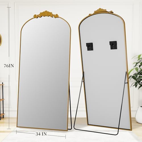 Vintage Full Length Mirror,76"x34" Arched Antique Floor Mirror with Carved Metal Frame,Large Standing Wall Mounted or Leaning Mirror for Bedroom Living Room Entryway,Gold - Image 5