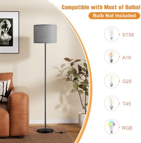 Ambimall 60'' Modern Floor Lamp with Shade, Tall Lamps for Living Room, Bedroom, Office, Dining Room, Linen Grey Shade with Black Pole(Without Bulb) - Image 4