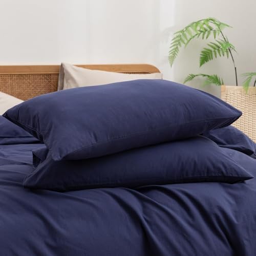 BESTOUCH Cotton Solid Duvet Cover Set Linen Feel Navy Blue Super King Plus - Image 7
