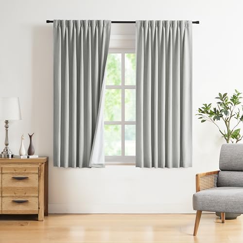 Vision Home Light Gray Pinch Pleated Full Blackout Curtains Linen Blended Room Darkening Curtain Panels 63 inch for Living Room Bedroom Thermal Insulated Pinch Pleat Drapes with Hooks 40" Wx63 Lx2 by VisionHome