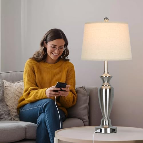 Cinyirong 30" Tall Silver Table Lamps Set of 2 for Living Room, 3-Way Dimmable Touch Control Bedside Lamps for Bedroom Nightstand with USB A+C Ports & AC Outlet (2 LED Bulbs Included) - Image 5