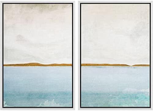 SIGNWIN Framed Canvas Print Wall Art Set Gold Blue Ocean Sea Beach Landscape Nature Wilderness Illustrations Modern Art Decorative Rustic Chic for Living Room, Bedroom, Office - 16"" x24 x2 White by SIGNWIN