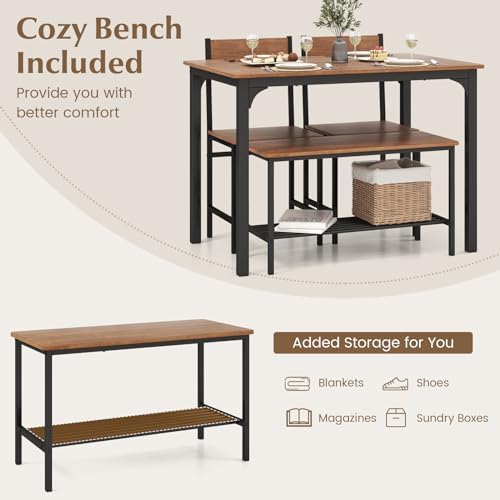 COSTWAY Dining Table Set for 4 w/Bench & 2 Chairs, Storage Racks, Brown - Image 2