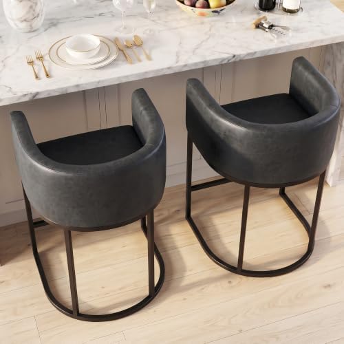 Counter Height Bar Stools Set of 2, Modern Counter Stools for Dining Room, 24 Inch Barstools for Kitchen Island, Faux Leather Bar Stool with Metal Legs and Back Footrest, Black by KRAMZMINGQualityHome