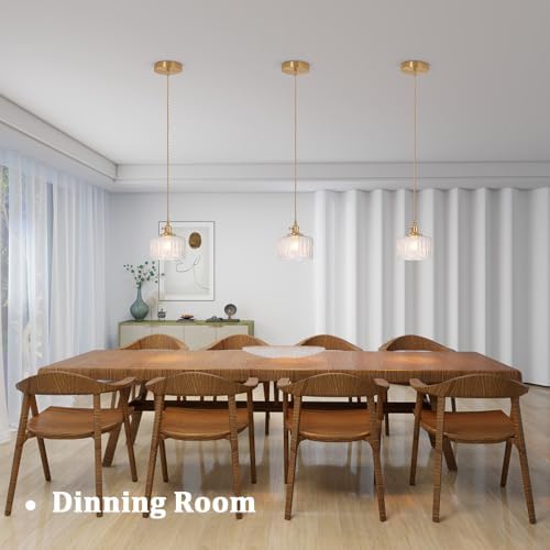 Shenmoyl Pendant Light with Clear Striped Glass Lmapshade, Brass Vintage Pendant Light Adjustable Hanging Light for Kitchen Island Dining Room Hallway - Image 5