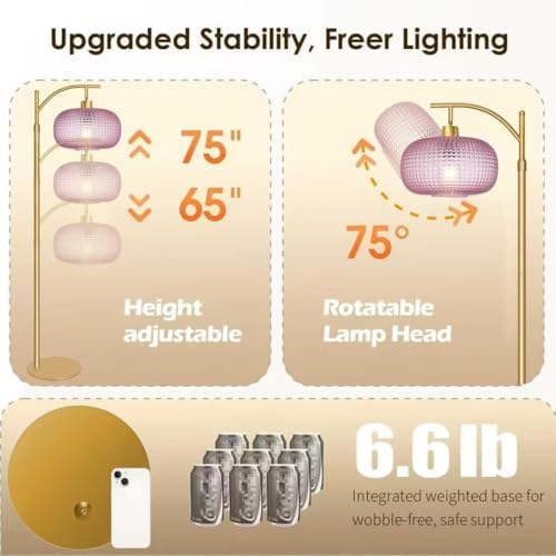 Pink Glass Floor Lamp for Living Room,Bedroom,Gold Dimmable Standing Lamp with Remote,Mid Century Modern Brass Tall Lamp Boho Floor Lamps Arc Stained Glass Flower Floor Light Lamp Girls kids Bohemian - Image 6
