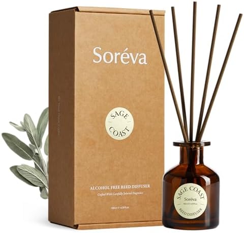 Soréva Sage and Sea Salt Reed Diffuser Set, Ocean Mist Scent, Plant-Based Oils, 120-Day Relaxing Home Fragrance for Bedroom Bathroom & Office, Gift Set with 7 Diffuser Sticks, 4.39 fl oz by Sor%C3%A9va