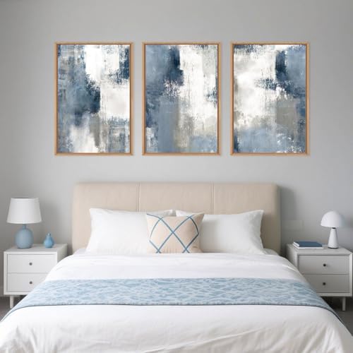 LHIUEM Large Abstract Brush Strokes Framed Canvas Wall Art Set,Navy Blue and Gray Wall Decor,Modern Color Block Shape Artwork,Minimalist Neutral Blue Printing for Living Room,Bedroom, Office-16''x24''x3 - Image 5