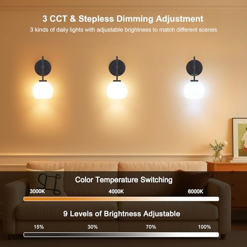 SANTOSTOCK Black Wireless Rechargeable Wall Sconces with Remote Control, Battery Operated Wall Sconce Set of 2, LED Dimmable Wall Lights with Opal White Glass Shade, 12 Colors RGB & 3 CCT Bulb - Image 5