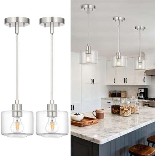 Brushed Nickel Pendant Lights Kitchen Island 2 Pack, Modern Clear Glass Hanging Light Fixtures with Rods, Mini Kitchen Pendant Lighting Over Island for Sink Bathroom, OS-YQ8153-2PBNC by Osimir