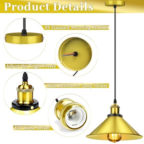 Retisee 6 Pcs Industrial Pendant Light, Vintage Metal E26 Base, Gold - Image 3