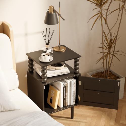 Nightstand with Storage Drawer and Open Wood Shelf,Solid Wood Legs (Black) - Image 5