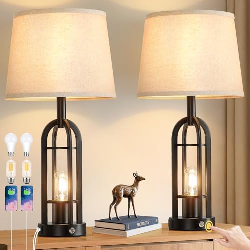 SRJJA 24" Farmhouse Touch Table Lamps for Living Room Set of 2 with USB A+C by SRJJA