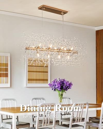 Modern 35.4" Modern Gold Crystal Firework Chandelier, 12-Light Pendant Light Fixture, Rectangle Linear Sputnik Dandelion Chandeliers for Dining Room Kitchen Living Room - Image 2