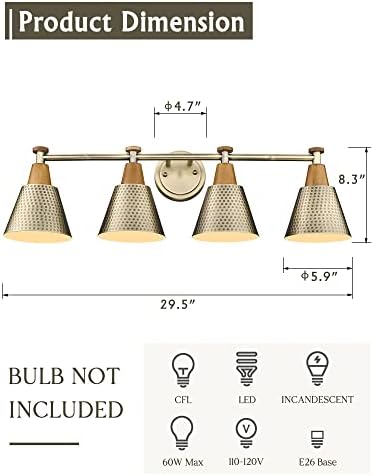 FEMILA Vanity Lights, 4-Lights Bathroom Light Fixtures Over Mirror, Antique Brass Wall Sconces Lamp with Hammered Metal Shade Finish, 4FG59B-4W BG - Image 2