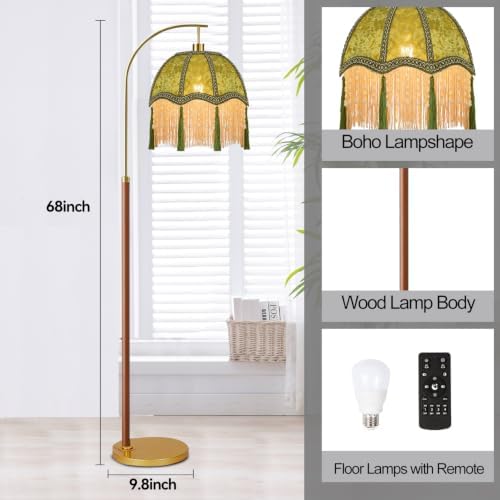 Wood Floor Lamps for Living Room Vintage Gold Floor Lamp with Remote Control & 3 Color Temperature,Dimmable Floor Lamp Mid Century Modern Standing Lamp Green Fringe Tall Floor Lamp for Bedroom Corner - Image 5