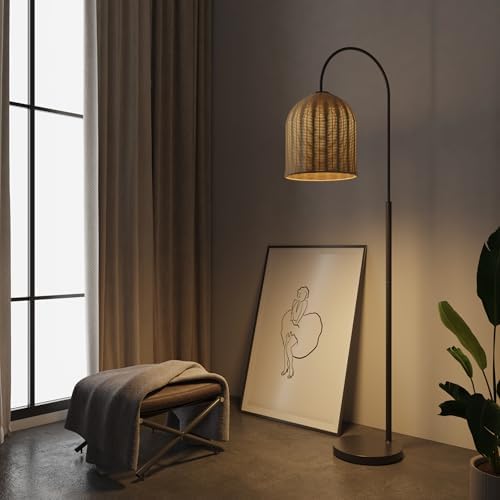 Rattan Floor Lamp, 66in. Boho Floor Lamp with Natural Brown Rattan Shade, Rustic Arc Standing Lamp for Coastal, Beach or Bohemian Style Decor (Coastal-Black) - Image 2