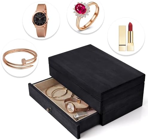 Meangood Jewelry Box Organizer for Women, 2 Layer Large Jewelry Storage Case, Rustic Wooden Jewelry Box with Mirror & Ring Tray for Necklace Earring Bracelets Rings, Vintage Style (Black) - Image 5