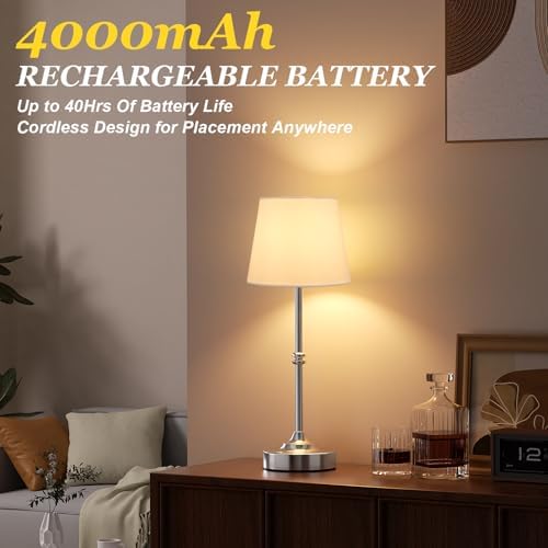 Kakanuo Rechargeable Cordless Table Lamp Silver - 1 Pack 4000mAh Battery Operated Lamp, 3000K Warm Light, Touch Control Stepless Dimming, for Bedside, Dining Table, Home Decor - Image 4