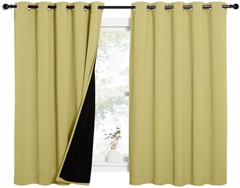 NICETOWN 100% Blackout Curtains with Black Liners, Thermal Insulated Full Blackout 2-Layer Lined Drapes, Energy Efficiency Window Draperies for Bedroom (Paler Yellow, 2 Panels, 62-inch W by 63-inch L) by NICETOWN
