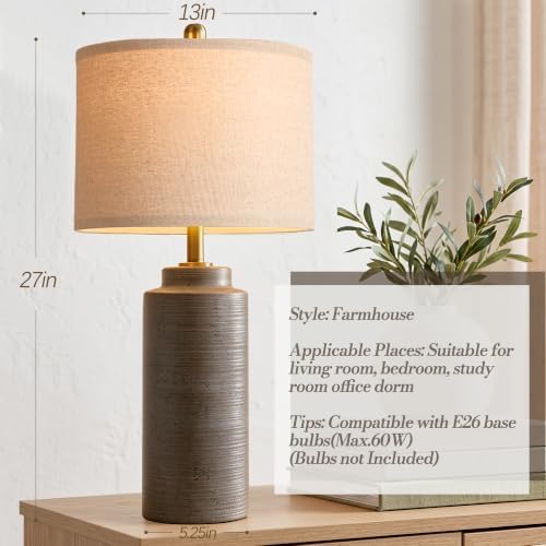 PARTPHONER 27" Vintage Ceramic Table Lamp Set of 2, Rustic Farmhouse Bedside Lamps with Ribbed Textured Finish, Greyish Brown Earth Tone Nightstand Lamps for Living Room Bedroom End Tables Home Decor - Image 4