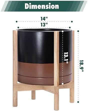 D'vine Dev Ceramic Pot with Natural Wood Stand, Black/Tan, 14 in, 55-B-R-7 - Image 3