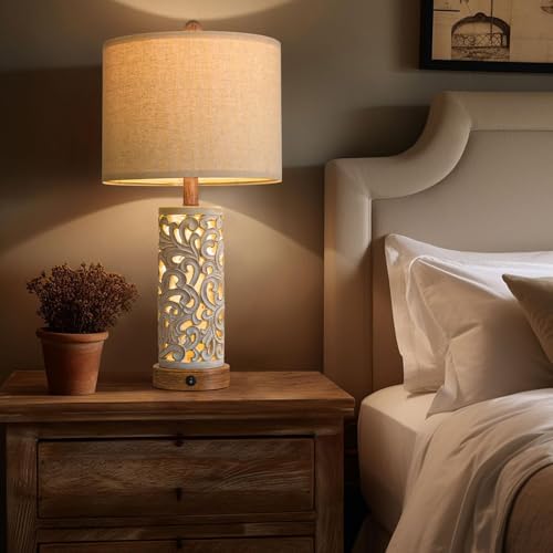 OYEARS 22'' Table Lamp Set of 2 for Living Room,Farmhouse Lamp for for Bedroom,Vintage Retro Bedside Lamps with USB Ports Linen Shade for Home Office (Brown, Bulb Included) - Image 2