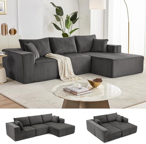 108" Boneless Couch with Chaise, Modular Sofa with Deep Seat, Darkrey by Weture