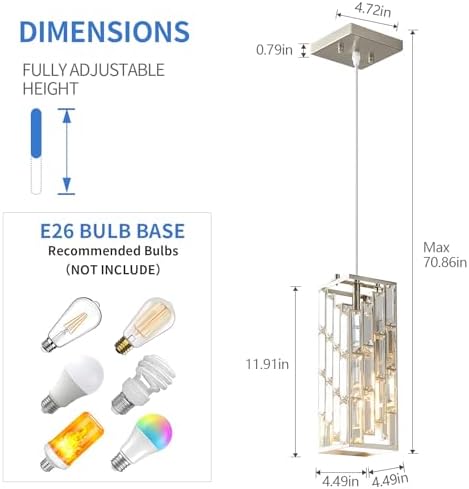 Brushed Nickel Pendant Lighting Modern Pendant Light, Mini Crystal Chandeliers, Adjustable Pendant Light Fixture for Kitchen Island Dinning Room Bedroom (1 Pack) - Image 3
