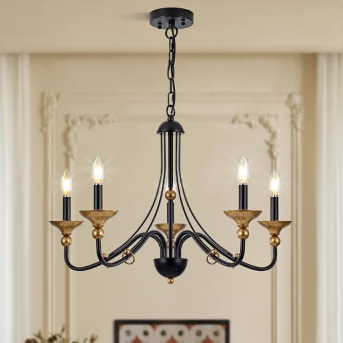 Sigaitwei 5‑Light Modern Farmhouse Candle Pendant, Matte Black with Antique‑Gold Accents, Chandelier Hanging Light Fixture for Kitchen Island, Entryway, Stairwell, E12 Base by SigaitweiLighting