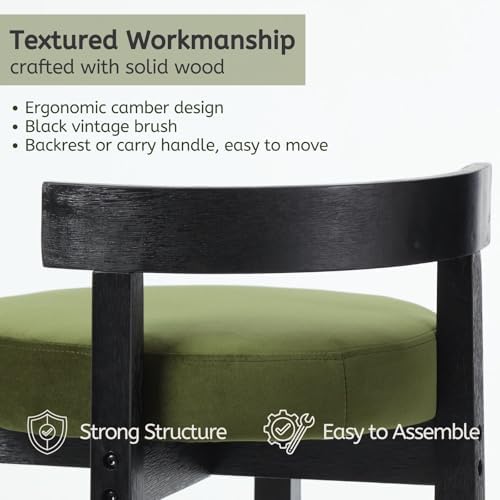 LukeAlon Mid Century Velvet Counter Stools Set of 6, Upholstered 26.5” Seat Height Barstools with Black Wood Legs Retro Modern Round Kitchen Stools with Footrest for Dining Room Bar Coffee Shop, Green - Image 5