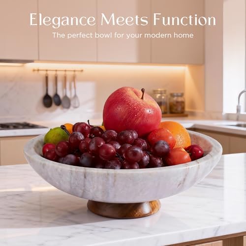 SAMAH Gray Marble Fruit Bowl with Acacia Wood Pedestal, Large Decorative Marble Bowl, Natural Stone Fruit Bowl for Kitchen Counter, Entryway, Keys, Dining Table, House Warming Gifts New Home(11Inch) - Image 2