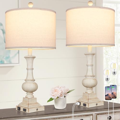 26" Farmhouse Table Lamps, Table Lamps For Living Room Set of 2 with USB A+C Ports & AC Outlet, Vintage Rustic Touch Control 3-Way Dimmable Boho Nightstand Lamp White Washed Resin for Bedroom Deocr by Lolikit