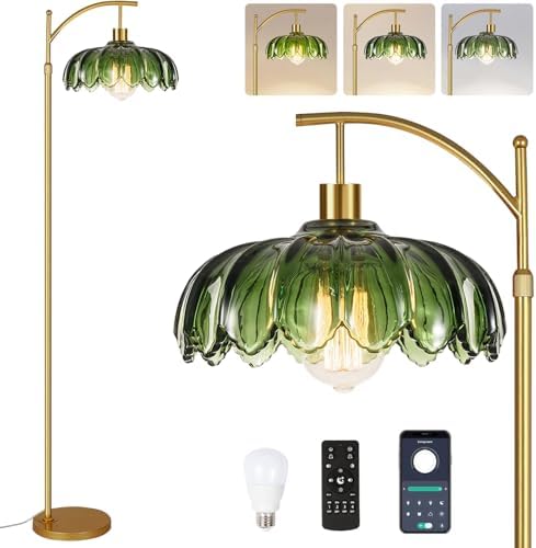 ZECOXOL Gold Floor Lamps for Living Room Vintage Green Floor Lamp with Remote Control & Glass Lampshape,Dimmable Mid Century Modern Standing Lamp Tall Flower Lamp Brass Floor lamp for Bedroom Corner by ZECOXOL