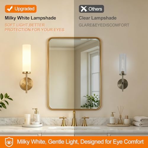 [Hardwired] Wall Sconces Set of Two, Brushed Gold Bathroom Sconces with Milky White Glass, Modern Wall Light Fixtures for Bathroom Mirror Vanity, Living Room, Hallway, Stairway, Cabinet, Foyer - Image 4
