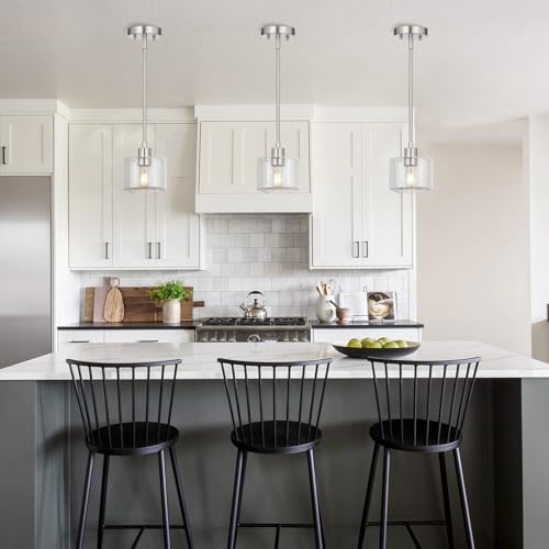Brushed Nickel Pendant Lights Kitchen Island 2 Pack, Modern Clear Glass Hanging Light Fixtures with Rods, Mini Kitchen Pendant Lighting Over Island for Sink Bathroom, OS-YQ8153-2PBNC - Image 5