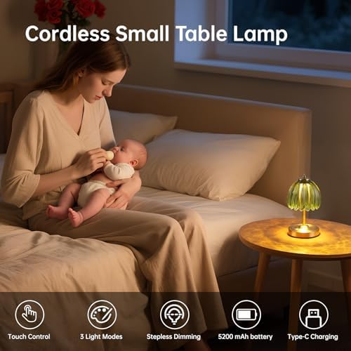 Shenmoyl Tulip Small Table Lamp, 5200mAh Cordless Touch Control Mini Table Lamp with 3 Color Temps & Stepless Dimming, Perfect for Small Spaces Like Dressers, Bedsides, Bookshelves (Green Tulip) - Image 2