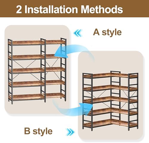 HCHQHS Adjustable Book Shelf with 8 Hooks, Reversible Corner Bookshelf, Industrial Wooden and Metal Bookcase for Living Room, Bedroom, Home Office (Rustic Brown, 5 Tier) - Image 4