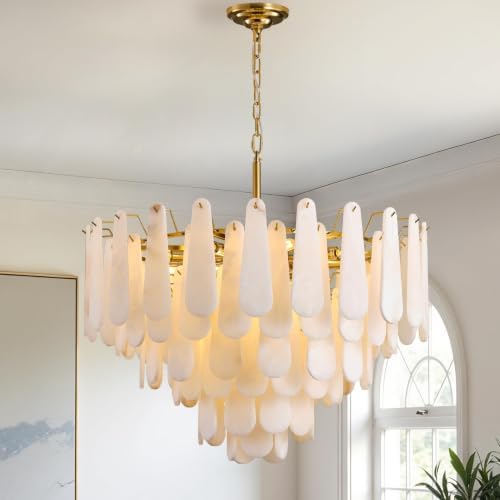 Alabaster Chandelier, D31.5 in Modern Feathery Round Chandelier, 6-Tiers Luxury Large White Marble Brass Chandeliers for Dining Room Bedroom Foyer Living Room Entryway by OSRoyce