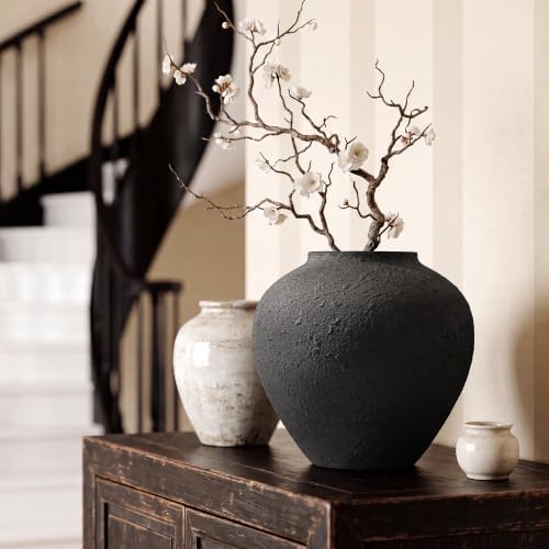 Large Round Black Vase with Pottery Look, Metal Rustic Vase for Flowers - Image 3