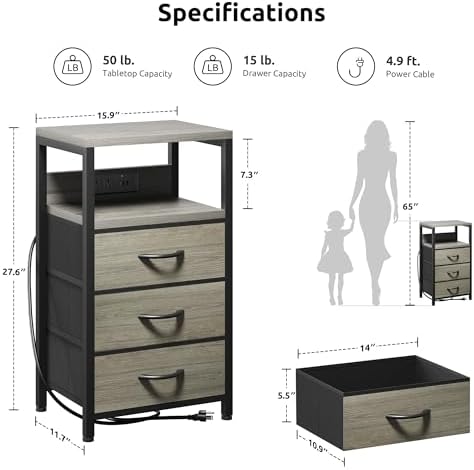 Lazzanto Night Stand with Charger Station, 3 Fabric Drawers, Grey - Image 3