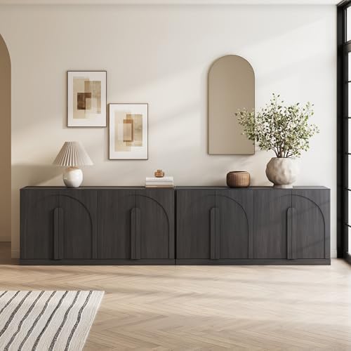 BELLEZE Set of 2 Bijou 64" Modern Buffet Sideboard, Mid-Century Arch Carved Wood Door Cabinet, Textured Storage Console for Living Room, Kitchen, Entryway - Ebony by BELLEZE