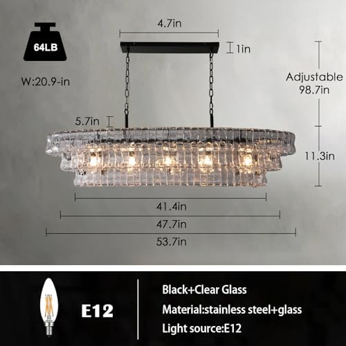 YIOSI 54 Inch Large Rectangular Black Chandelier for Dining Room, Clear Glass Drum Modern Pendant Light Fixture, Extra Long Kitchen Island Lighting - Image 2